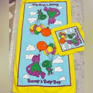 Vintage 1993 Barney Baby Bop towel set decor balloons colorful collectible hand